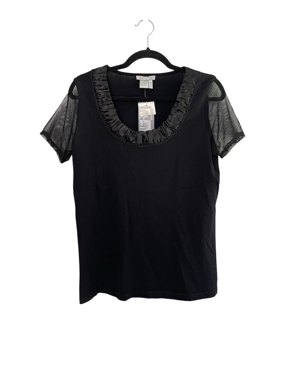NWT Alberto Makali Black Mesh Sleeve Satin Ruffle Knit Top XL